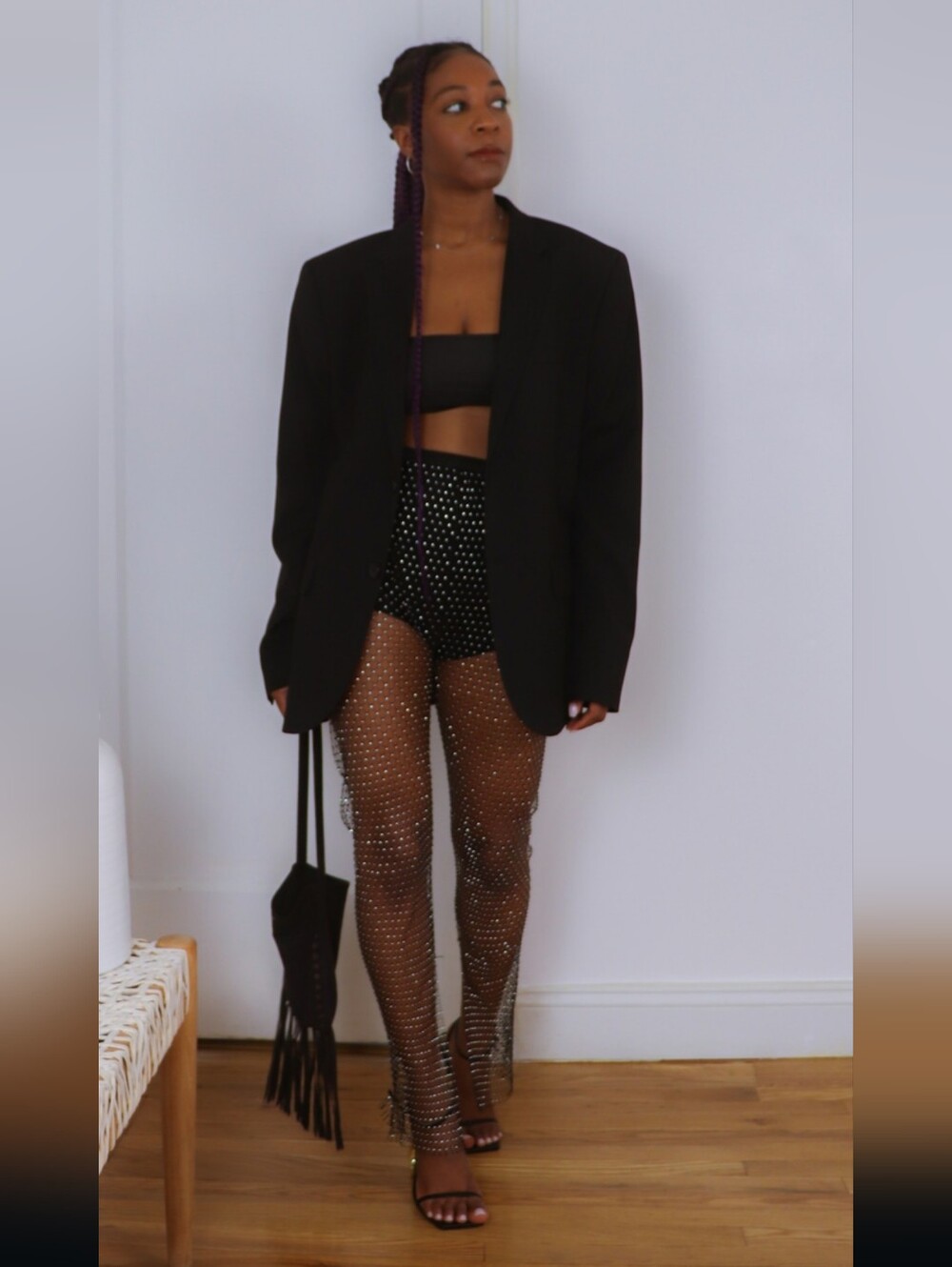 Black Rhinestone Crystal Mesh Cover-Up Pants Sheer Fishnet One Size